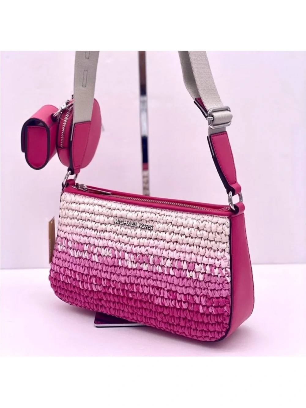Michael Kors Pink and White Ombre Woven Crossbody with Removable Pouches